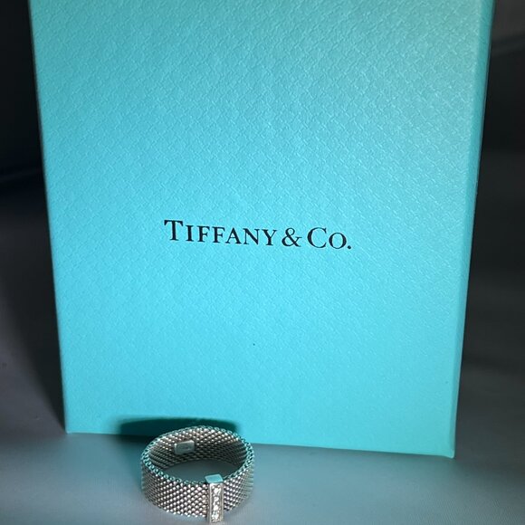 Tiffany & Co Somerset 4 Diamond Ring Mesh Weave in Sterling Silver *RETIRED* - Picture 10 of 10